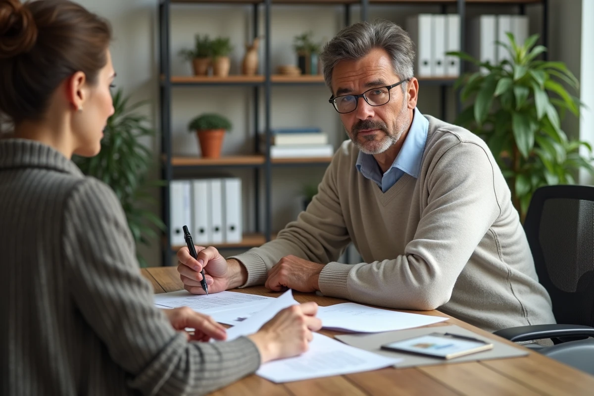 Homme et agent immobilier discutant documents dans un bureau lumineux