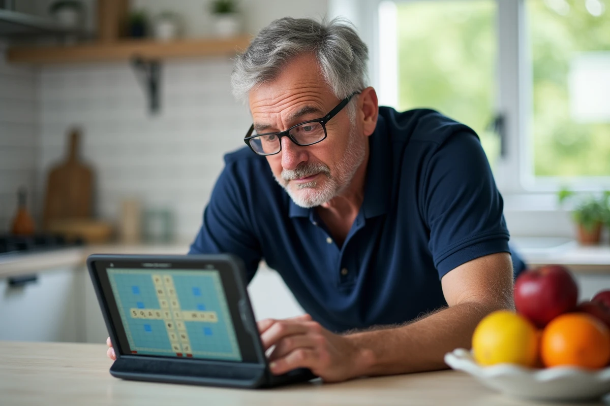 Homme senior jouant au Scrabble en ligne sur tablette dans une cuisine moderne