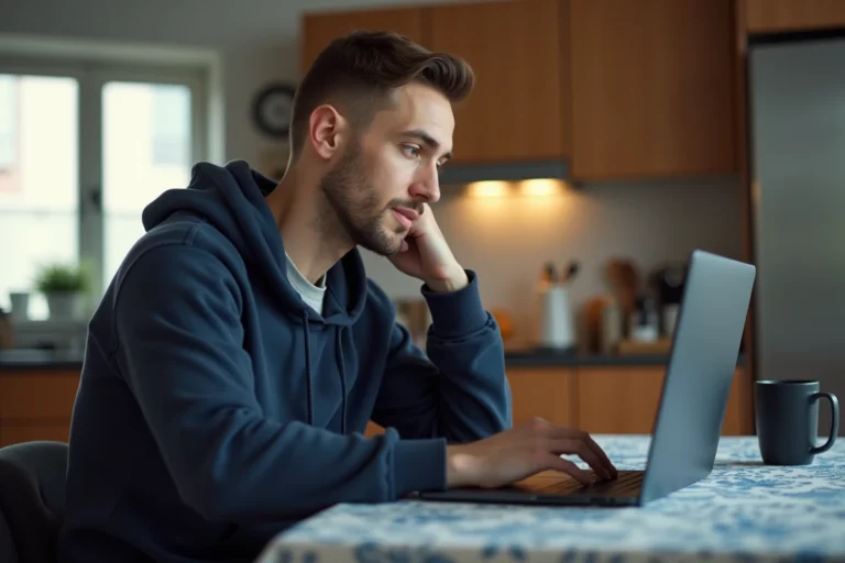 Homme regardant un match sur un laptop dans la cuisine