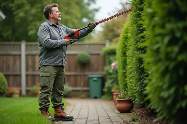 Homme utilisant un taille-haie télescopique pour tailler le sommet d'une haie de buis dans un jardin résidentiel