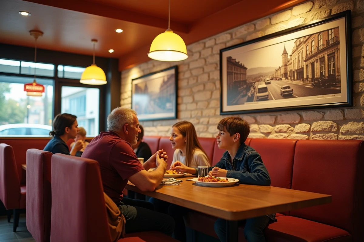 Intérieur du McDonald's de Villefranche-sur-Saône avec décoration inspirée du patrimoine local et du vignoble du Beaujolais