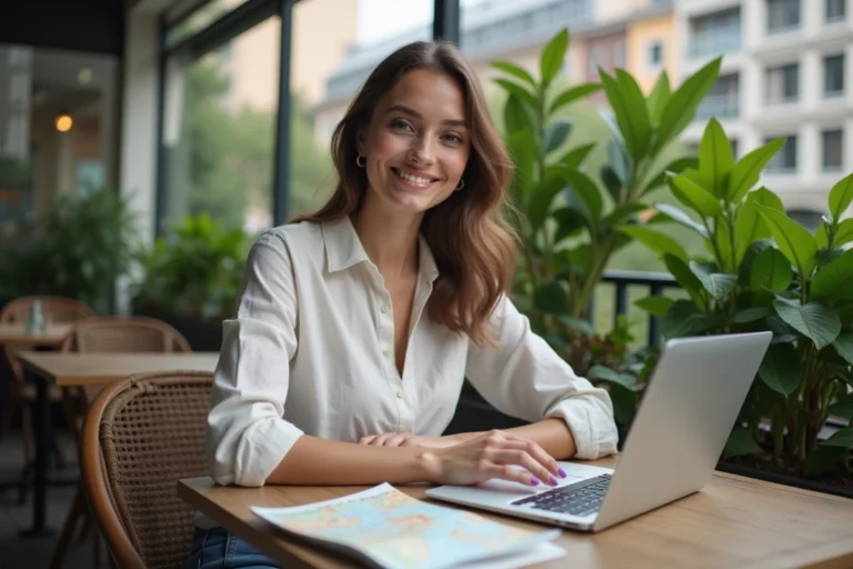 Jeune femme assise en terrasse de café avec ordinateur et carte voyage