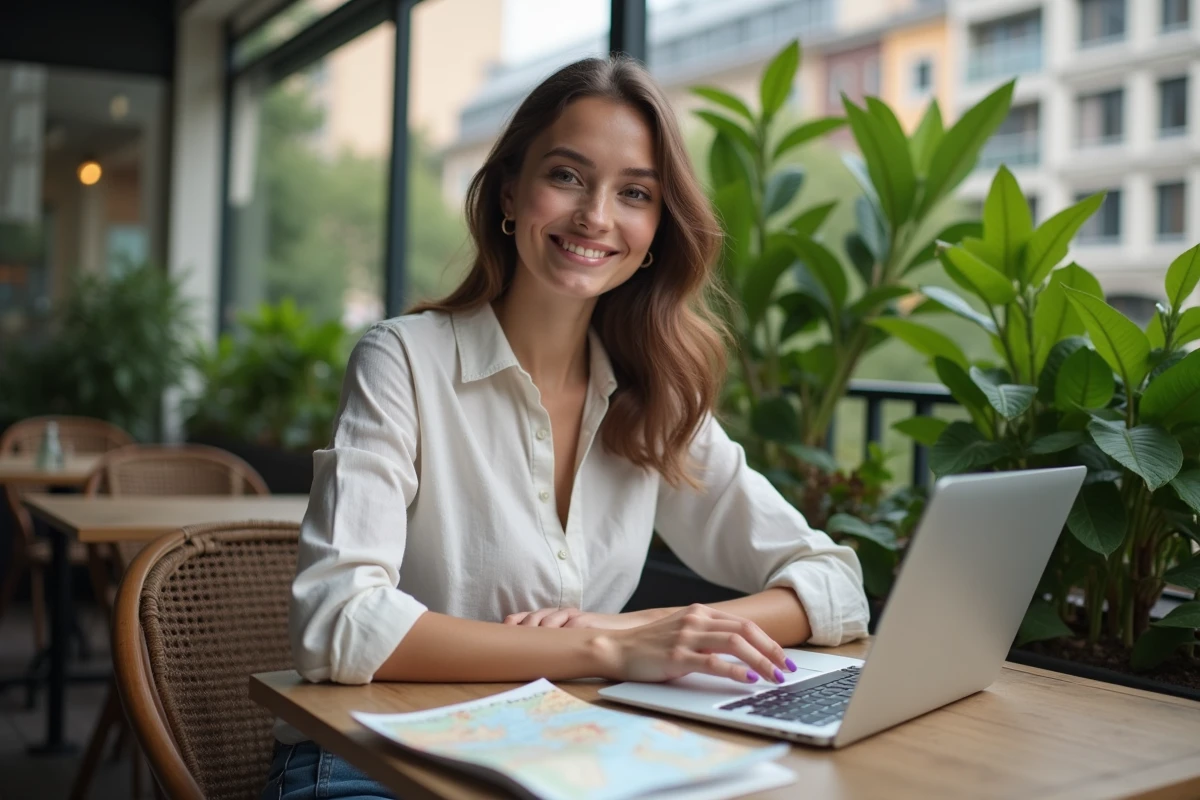 Jeune femme assise en terrasse de café avec ordinateur et carte voyage