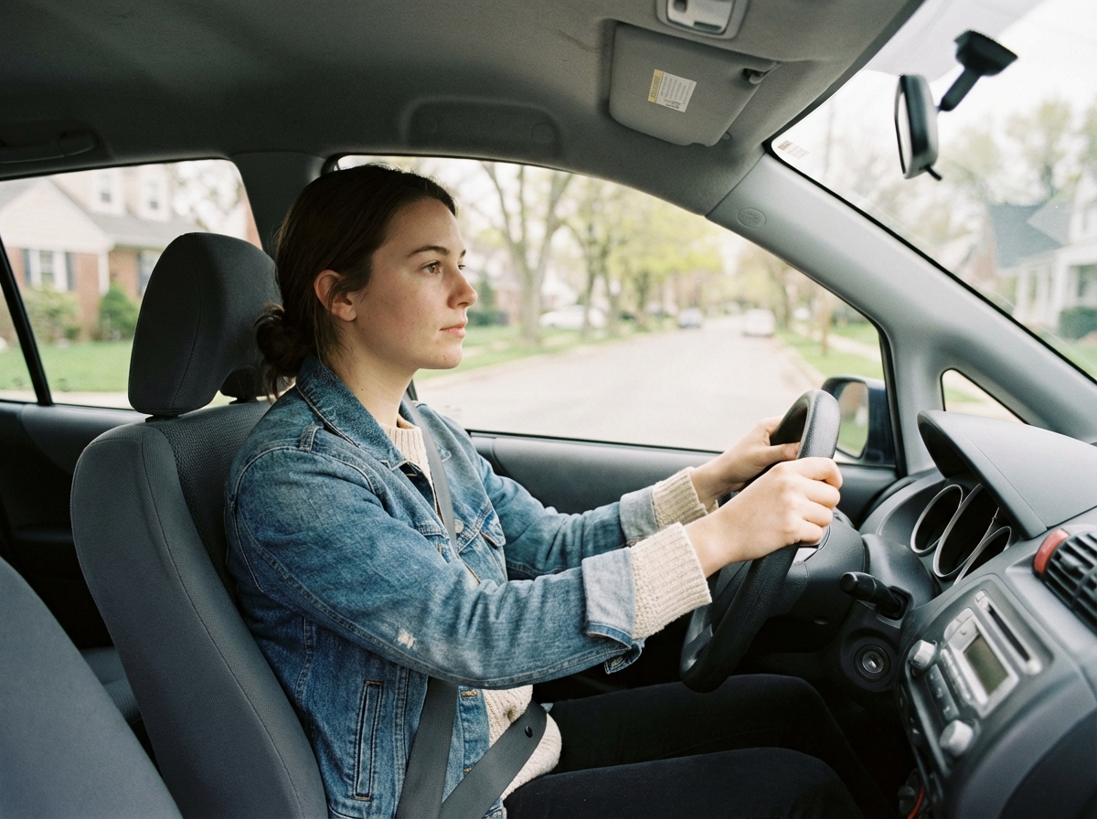 Jeune femme concentrée au volant d'une voiture compacte