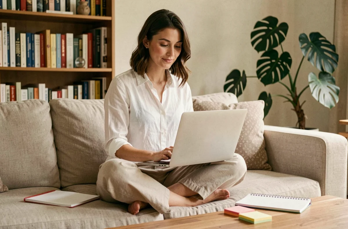Jeune femme travaillant sur un ordinateur portable depuis son canapé entourée de notes autocollantes dans un environnement de travail à domicile organisé