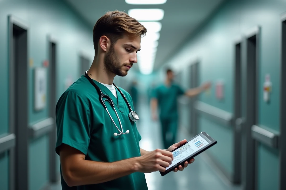 Jeune médecin interne en scrubs verts consultant un dossier patient sur tablette dans un couloir d'hôpital moderne