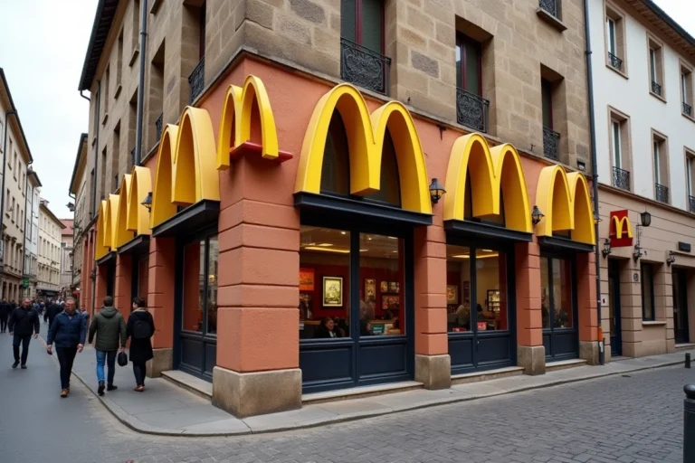 Façade du McDonald's de Villefranche-sur-Saône intégrée dans l'architecture en pierre typique du Beaujolais
