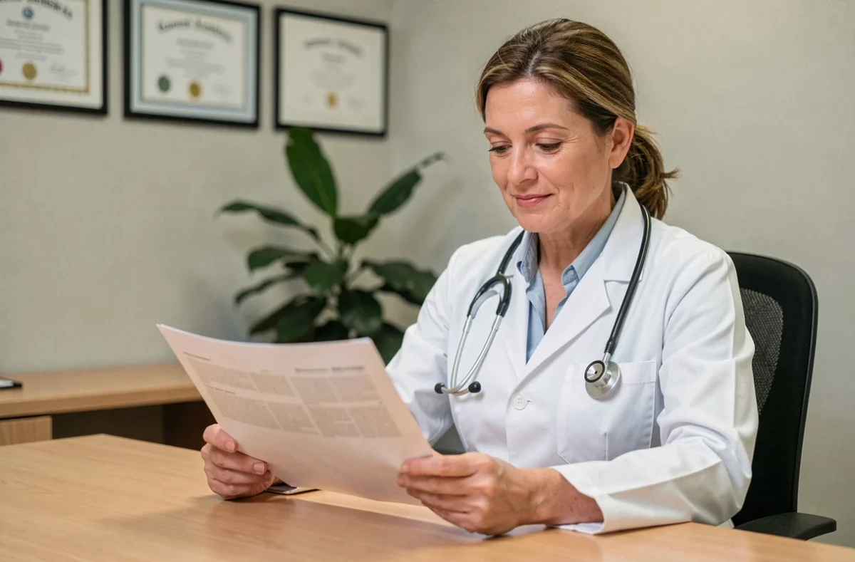Médecin généraliste en consultation examinant des documents médicaux pour diagnostiquer une maladie