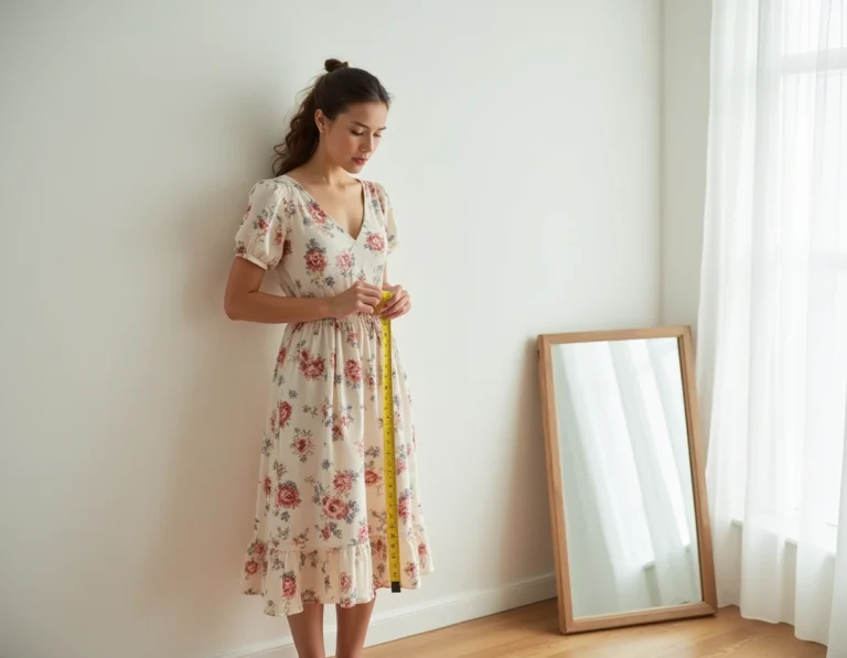 Femme mesurant la longueur d'une robe midi avec un mètre ruban jaune contre un mur blanc