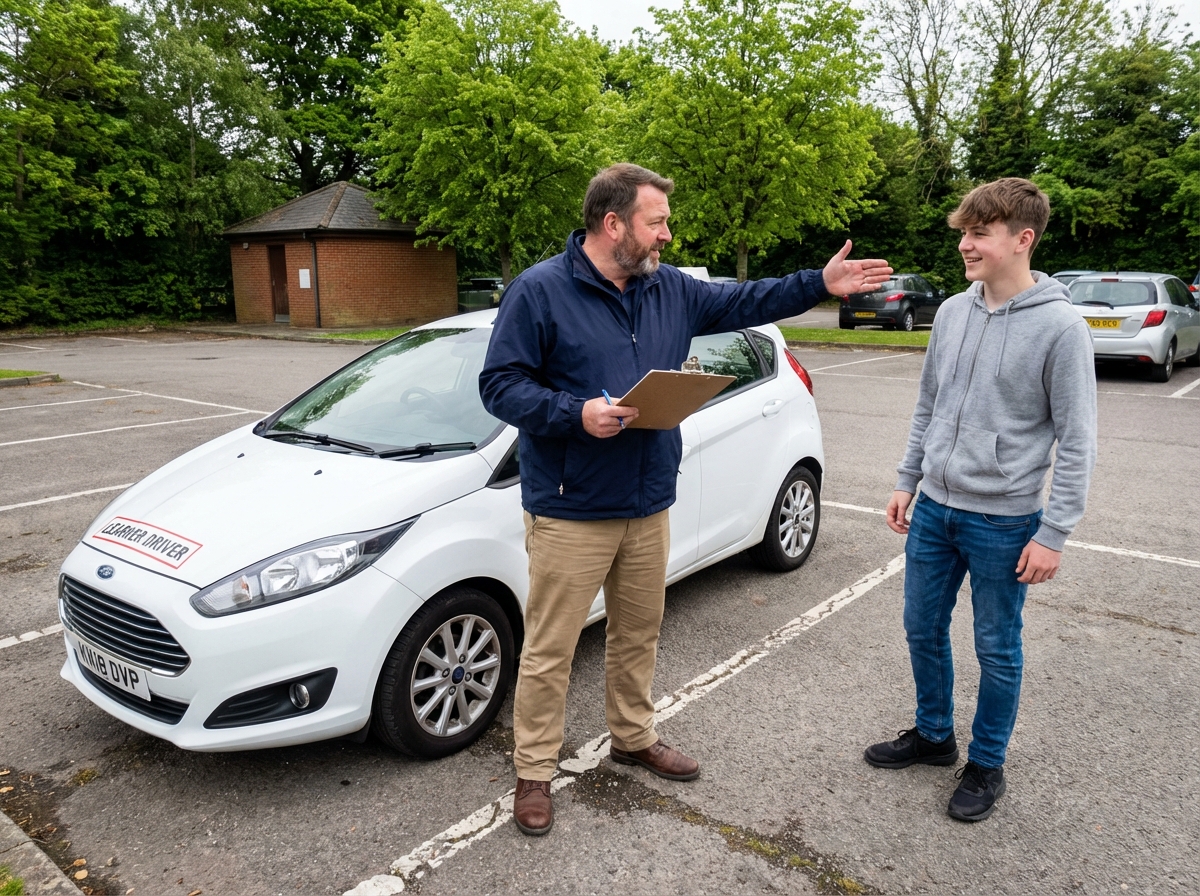 Moniteur de conduite parlant à un adolescent dans une voiture