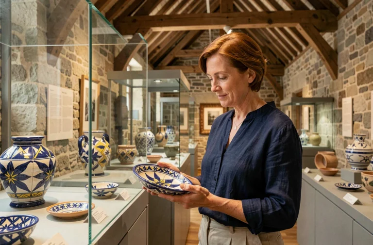 Femme découvrant la faïence bretonne traditionnelle dans un musée du patrimoine à Quimper