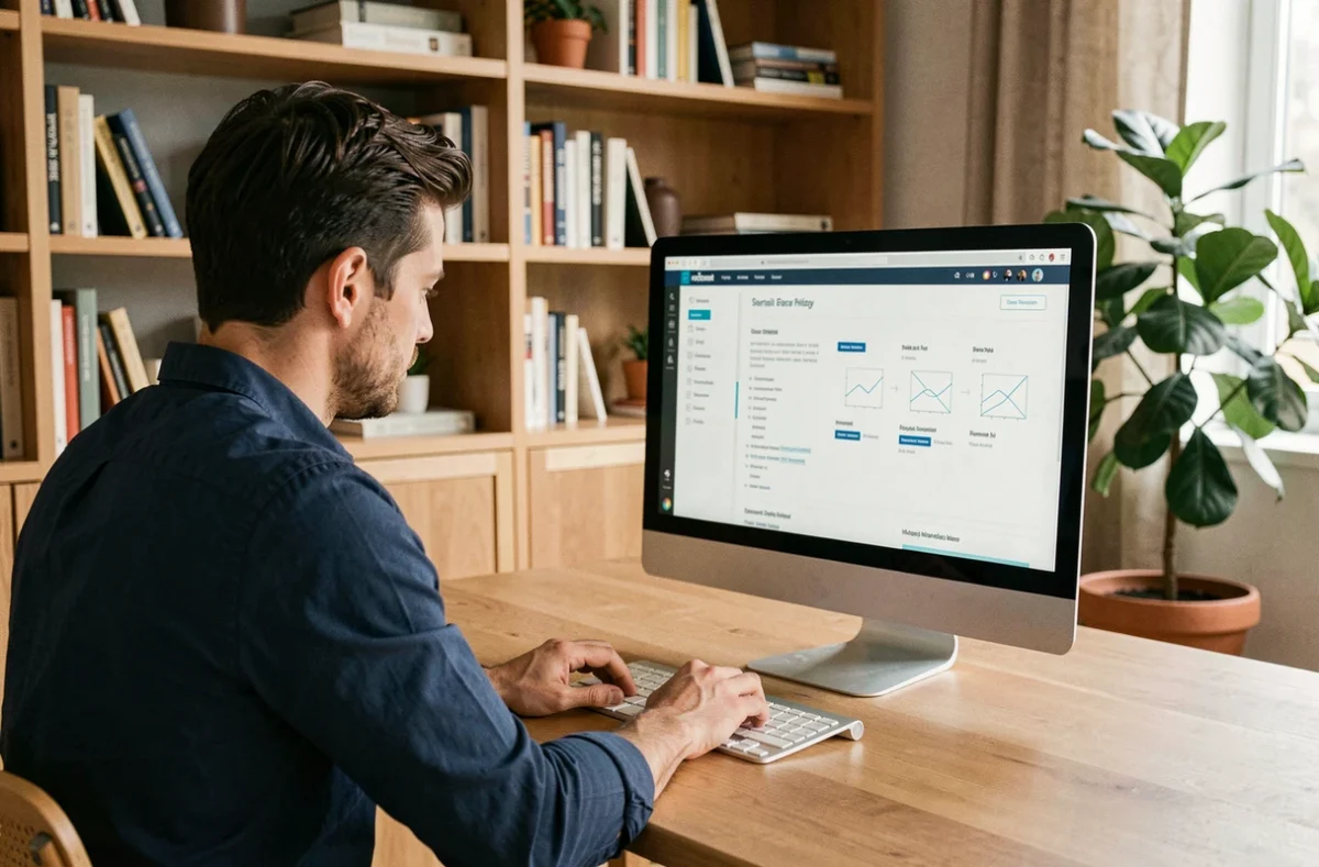 Homme naviguant sur le plan du site d'un blog automobile depuis son bureau à domicile