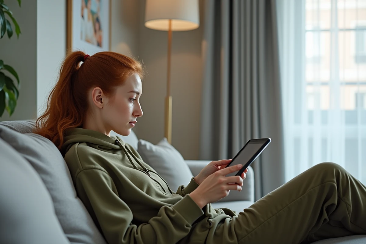 Jeune femme naviguant sur une plateforme de rencontre en ligne depuis sa tablette dans son salon