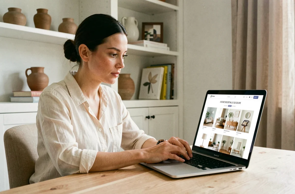 Femme naviguant sur un site de décoration intérieure depuis son bureau à domicile pour trouver des inspirations déco