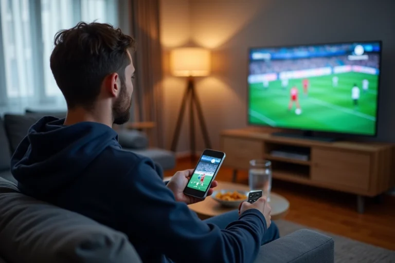 Homme regardant un match de football en streaming légal sur son téléviseur connecté depuis son salon