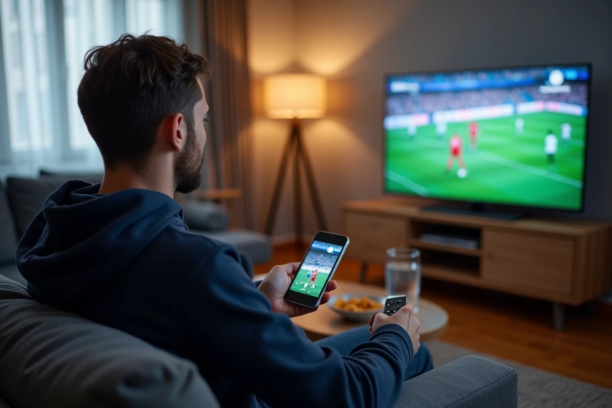 Homme regardant un match de football en streaming légal sur son téléviseur connecté depuis son salon