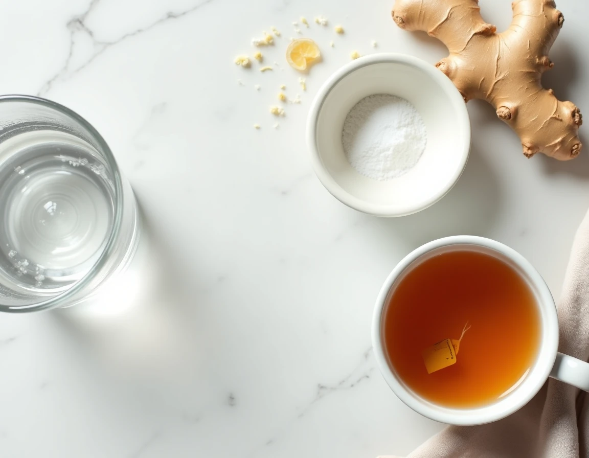 Remèdes naturels contre les brûlures d'estomac : gingembre, bicarbonate et tisane posés sur un comptoir en marbre