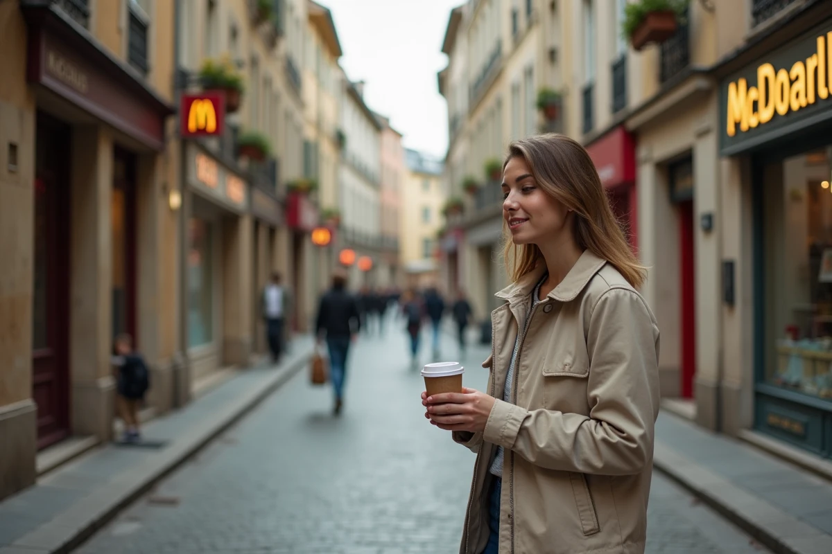 Rue piétonne de Villefranche-sur-Saône avec le McDonald's en arrière-plan intégré dans le tissu commercial historique de la ville
