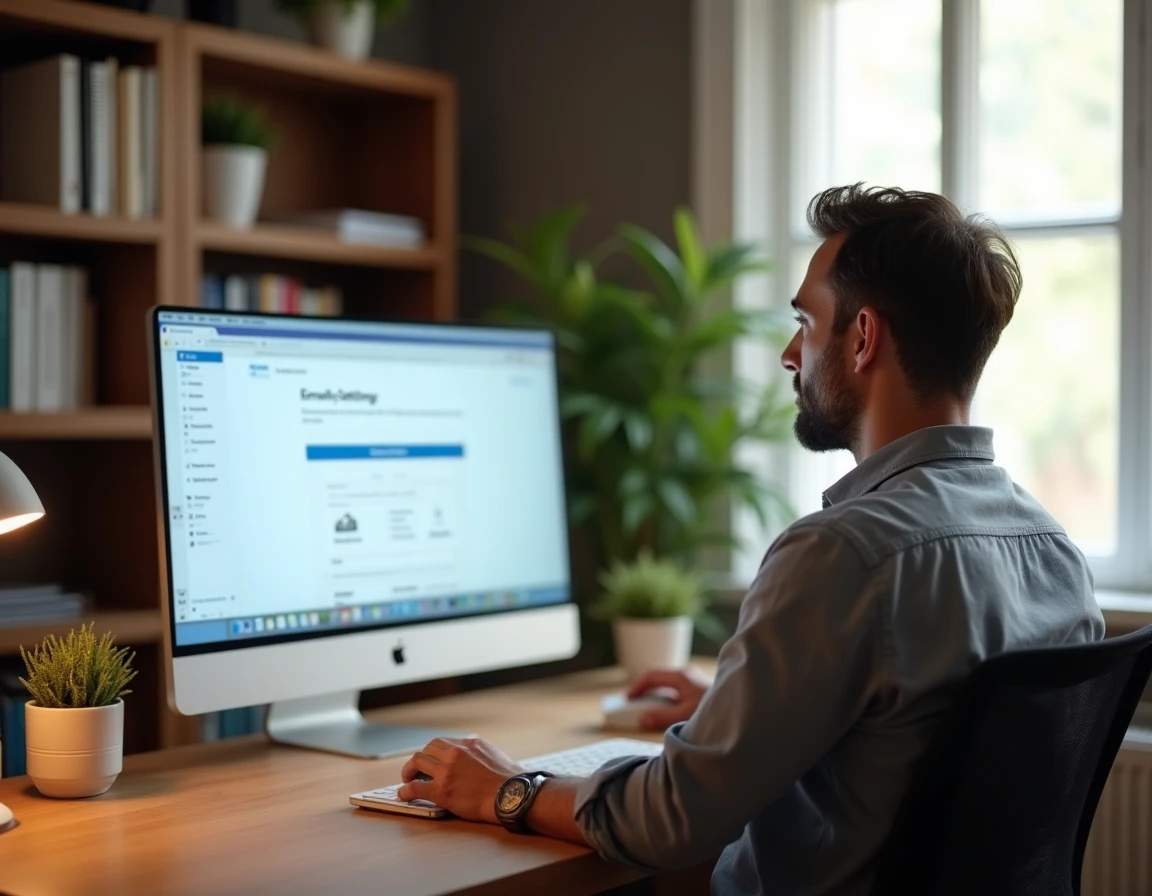 Homme configurant les paramètres de sécurité de sa messagerie électronique depuis son bureau à domicile
