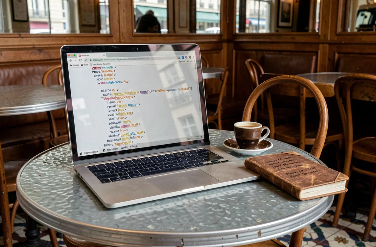 Écran d'ordinateur affichant un sitemap XML de site parisien sur une table de café classique à Paris