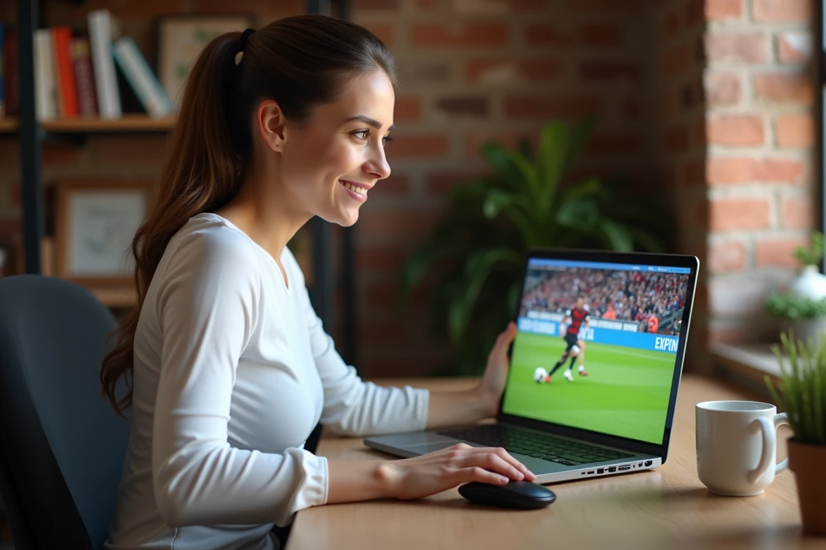 Femme regardant un match de football en streaming sur son ordinateur portable depuis un bureau à domicile