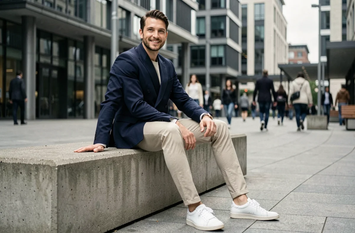 Homme en blazer marine tendance assis sur un banc urbain illustrant le style masculin moderne en 2024