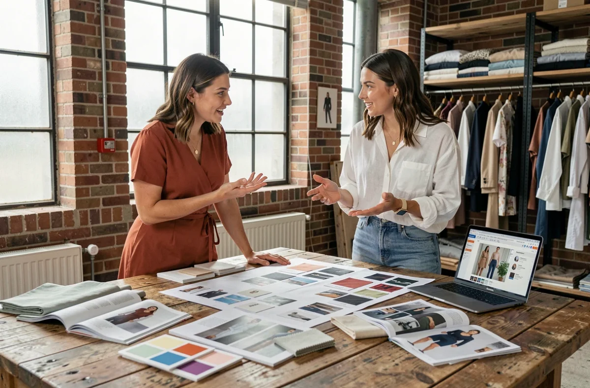 Deux stylistes analysant des tendances mode 2024 autour d'un tableau d'inspiration dans un studio créatif