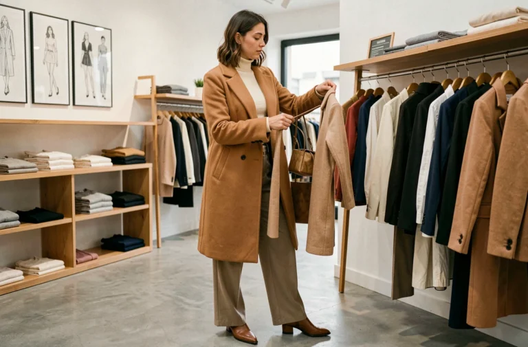 Femme élégante en manteau camel découvrant les tendances mode 2024 dans une boutique parisienne minimaliste