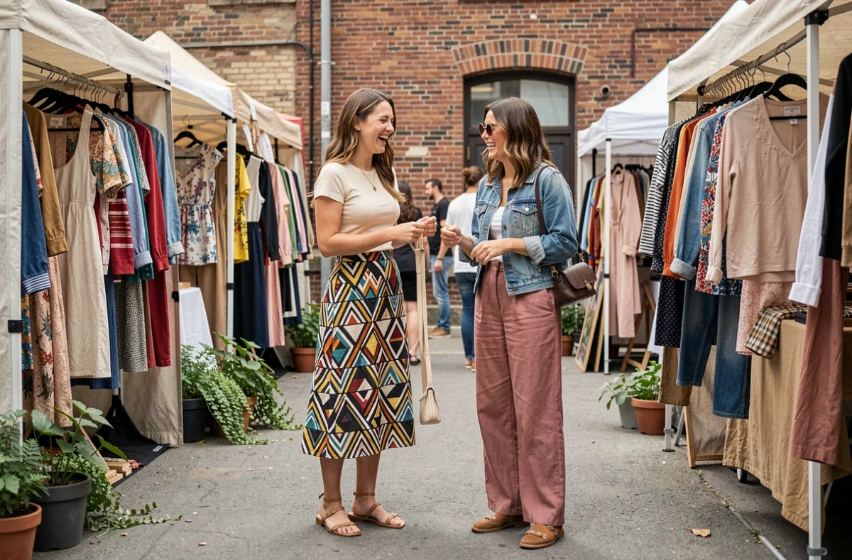 Deux femmes tendance découvrant des vêtements dans un marché de mode urbain en plein air, styles originaux et colorés