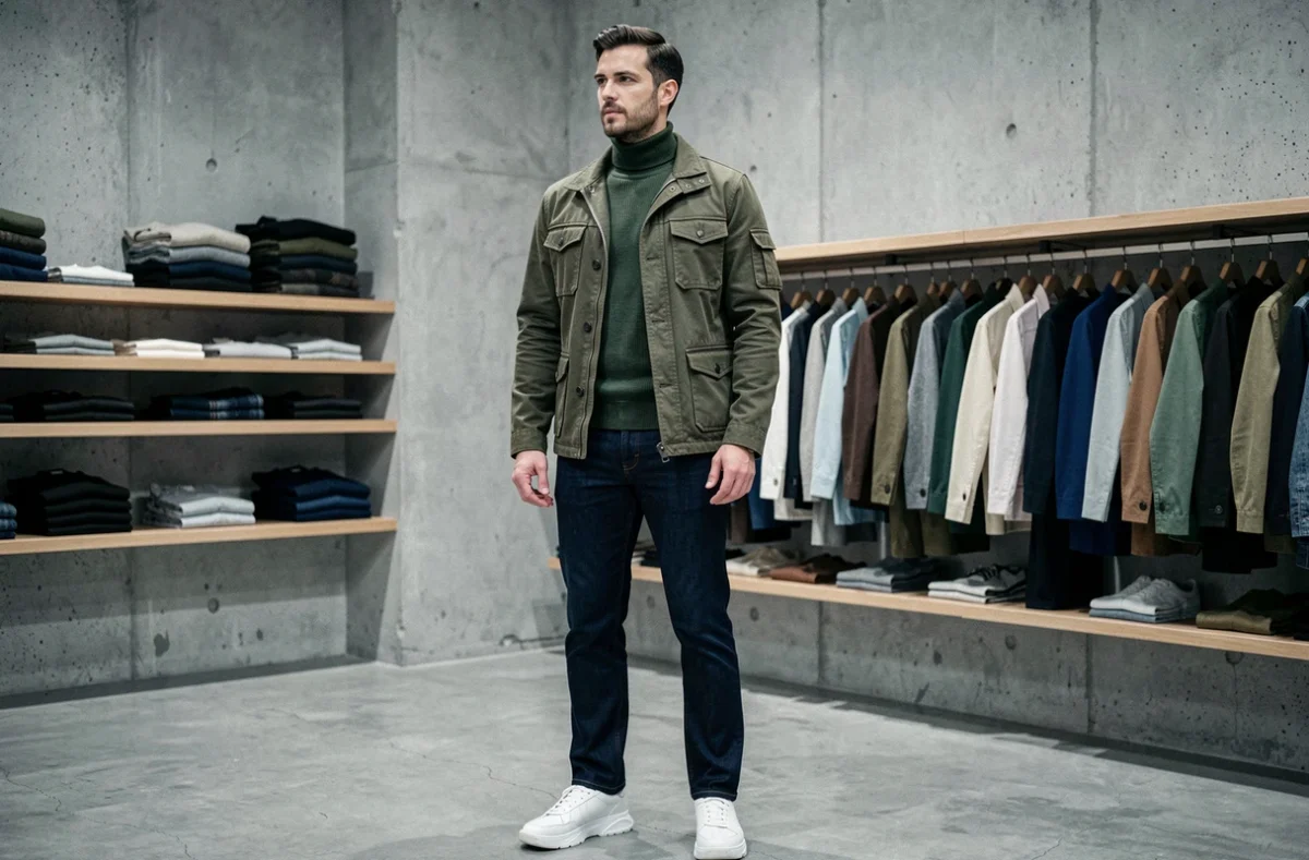 Homme tendance en pull col roulé vert et veste utilitaire dans un concept store minimaliste, style mode masculin saison