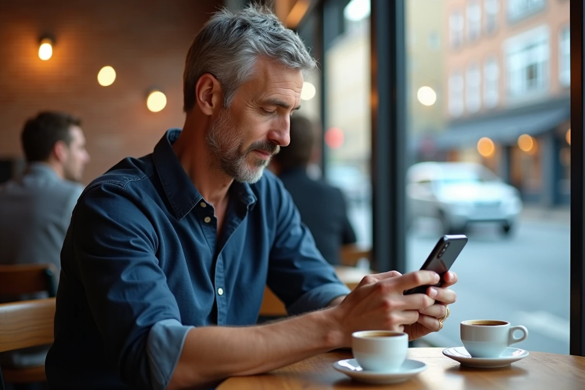 Homme utilisant son smartphone pour accéder à une plateforme de chat en ligne dans un café urbain