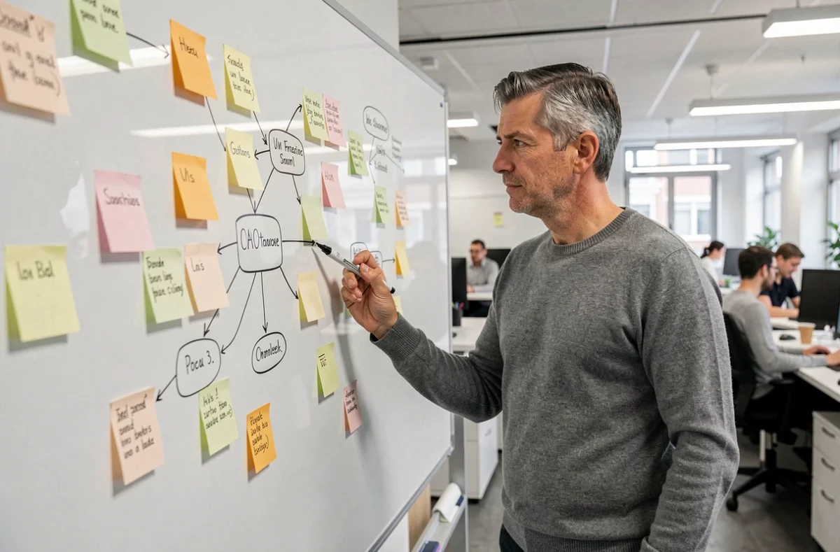 Designer UX expliquant l'organisation d'un sitemap web sur un tableau blanc dans une agence parisienne