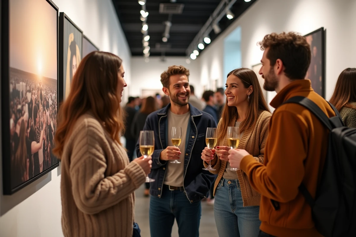Visiteurs en discussion animée lors d'un vernissage de Mag Paris galerie d'art contemporain